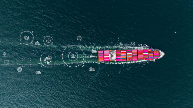 Aerial view container ship cargo shipping business logistic import and export freight transportation by container ship in open sea, Container loading cargo freight ship boat.