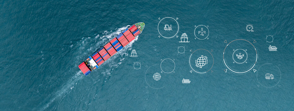 Aerial view container ship logistic container cargo, Global business container cargo freight shipping commercial trade logistic transportation international container, Container cargo freight ship.