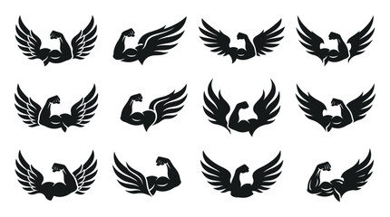 Fototapeta premium Collection of flexed muscle arm vector icons adorned with large majestic wings for powerful branding