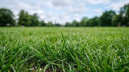 Obraz premium A vibrant lush green meadow extends gracefully towards a distant treeline beneath a cloudy overcast sky forming a tranquil peaceful landscape