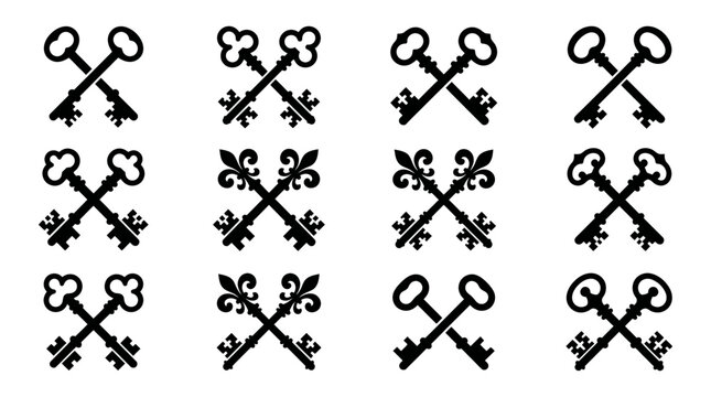 Large set of classic vintage crossed keys icons with various bow designs and decorative elements skeleton silhouette
