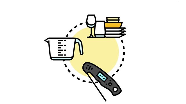Kitchen ingredient tracking concept showing a measuring cup, food thermometer, and dinnerware representing precise measurement and inventory management in cooking
