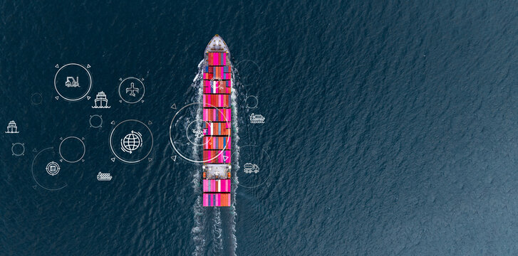 Aerial view container cargo ship freight shipping international, Global business freight shipping import export logistic transportation container ship, Container cargo ship sea freight container ship.