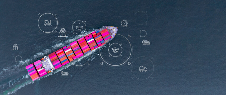 Aerial view container cargo ship freight shipping international, Global business freight shipping import export logistic transportation container ship, Container cargo ship sea freight container ship.