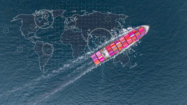 Aerial view container cargo ship freight shipping international, Global business freight shipping import export logistic transportation container ship, Container cargo ship sea freight container ship.