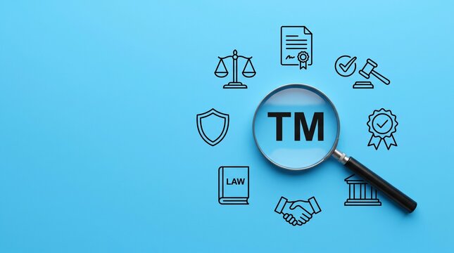 Trademark protection and law concept with magnifying glass and legal icons on blue background