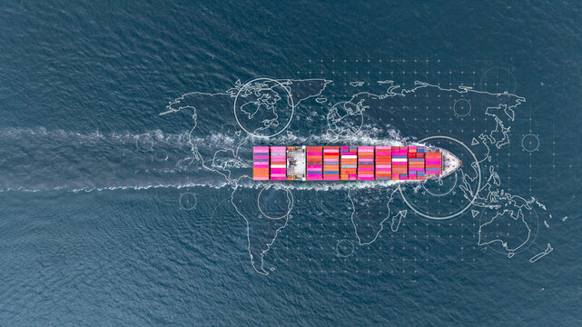 Aerial view container cargo ship freight shipping international, Global business freight shipping import export logistic transportation container ship, Container cargo ship sea freight container ship.