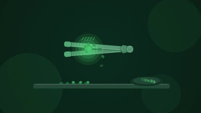 Abstract animated nutcracker jaws cracking a shell drawn as green and teal lines and shapes on a deep dark background. Seamless looping 4K motion graphics video with free space for text, ideal for tit