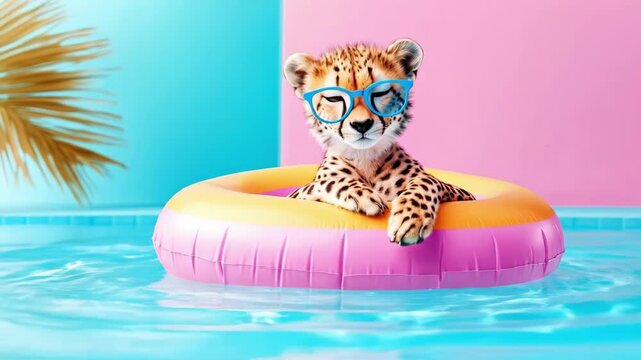Cute cheetah cub in blue glasses floats on pink and yellow inflatable ring in pool. Funny baby animal taking summer holiday vacation in water.