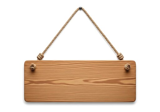 Empty rectangular wooden sign board hanging on a rustic rope