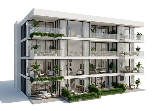 Modern residential apartment building exterior with balconies and glass windows