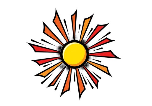 Bright yellow sun icon with red and orange comic book style rays and halftone dot texture