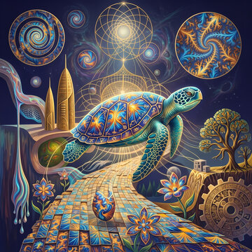 Surreal visionary art of a mystical sea turtle in a cosmic dreamscape with esoteric symbols and sacred geometry