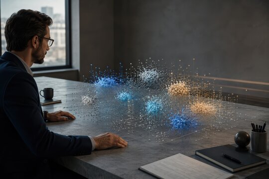 Market Analyst Studying AI Data Clusters for Business Strategy