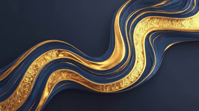 Abstract 3D animation of flowing blue and gold liquid waves. Slow undulating movement of metallic textured curves. Luxury and elegant background design