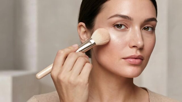 A young woman applies makeup with a brush. The model blends blush on her cheek as part of her beauty routine. Skincare and cosmetics concept.