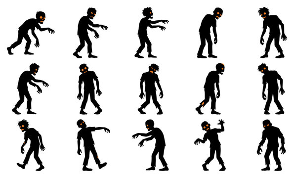 A collection of black silhouettes featuring a halloween zombie vector set with various walking and attacking poses for design