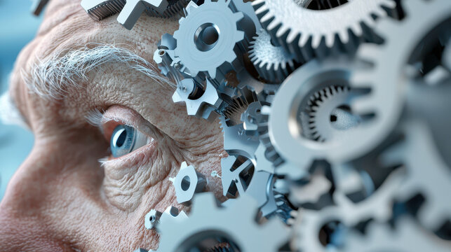 Surreal portrait of elderly man with mechanical gears surrounding his eye, symbolizing fusion of humanity and technology