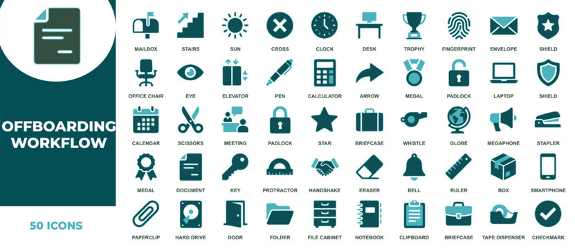 Collection of fifty essential offboarding workflow icons for human resources corporate processes and employee termination management systems