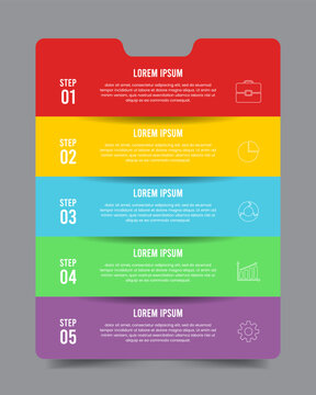 Modern infographic template vector with five colorful stacked banner layers step 01 to 05 business icons isolated on grey background.