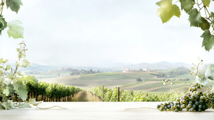 Obraz premium Serene vineyard landscape with lush green grapevines and soft, cloudy sky, evoking tranquility and natural beauty