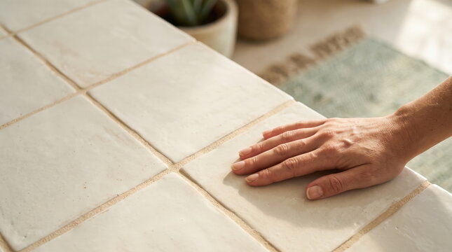 Lightweight linen curtains swaying gently in the breeze with a hand resting on ceramic tiles