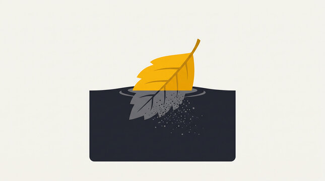 Conceptual Vector Illustration of a Golden Fall Leaf Floating on a Water Line with a Submerged Dissolving Particle Reflection