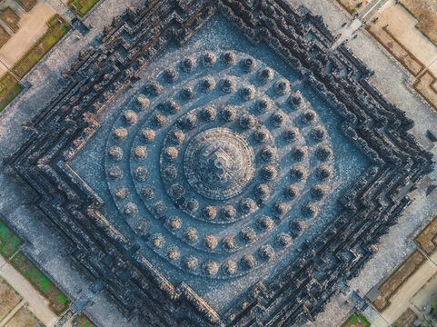 Aerial view of Borobudur Temple in Yogyakarta, Java, Indonesia at sunrise.