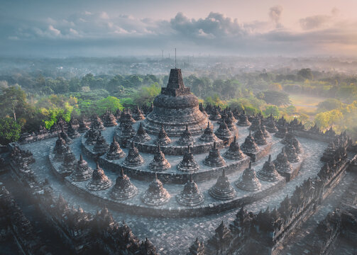 Aerial view of Borobudur Temple in Yogyakarta, Java, Indonesia at sunrise.