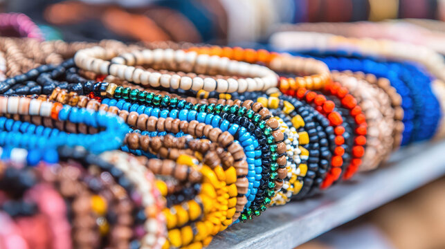Colorful beaded bracelets arranged vibrant display, showcasing various materials and styles. These accessories reflect creativity