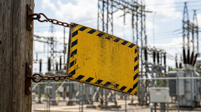 Blank yellow caution sign at electrical power substation