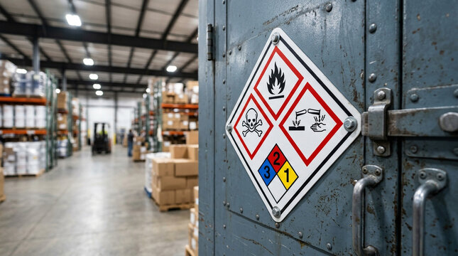 Hazardous Materials Warning Signs on Warehouse Door