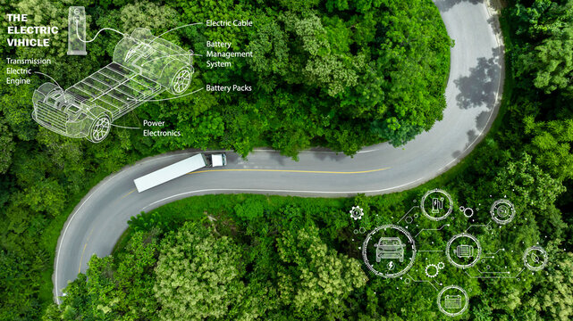Aerial view semi truck trailer cargo on mountain curve road, Semi truck trailer cargo business logistic transportation on green forest road curve, White semi truck trailer cargo delivery