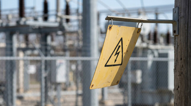 Yellow high voltage warning sign at electrical substation