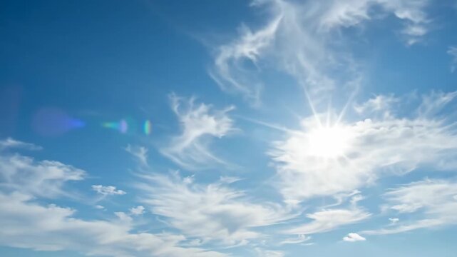 Sun sky cloud sunlight blue weather heat wave extreme summer, bright sunburst above wispy cloud. Global warming climate change. hot high temperature sun weather, danger risk emergency crisis
