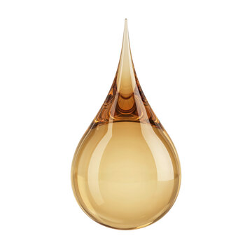 A single large golden liquid drop with smooth reflective surface and pointed tip isolated on a transparent background