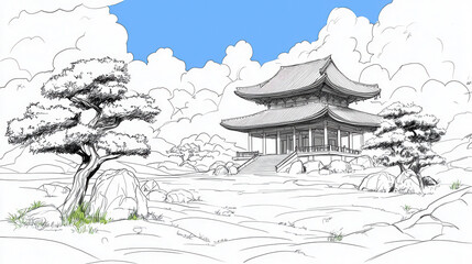 Obraz premium Serene landscape featuring traditional Japanese pagoda surrounded by trees and rocks, under bright blue sky with fluffy clouds