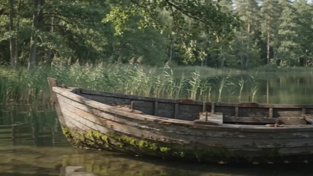 Tranquil forest lake with wooden boat ample copy space