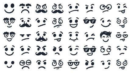Fototapeta premium Hand Drawn Cartoon Facial Expressions and Emoticons Collection Grid