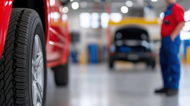 Close up view of car tire in garage, showcasing tread pattern, with mechanic in background working on vehicle