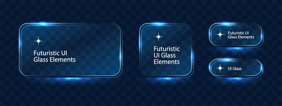 Glass neon effect frames with shining edges and highlights. Blue geometric square and rectangle shapes. Website and user interface UI UX design. Vector illustration on transparent background
