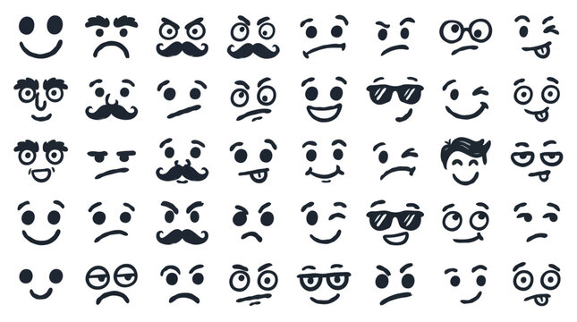 Hand Drawn Cartoon Facial Expressions and Emoticons Collection Grid