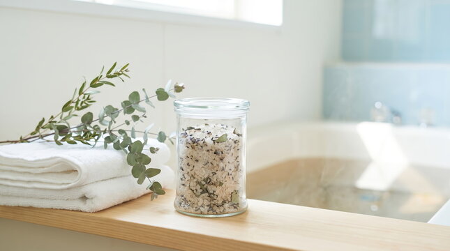 Natural bath salts in a glass jar beside a luxurious bathtub
