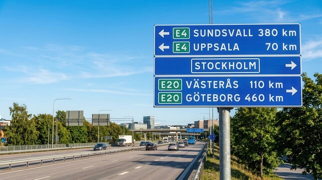 Swedish Highway Directional Sign For Major Cities With Distances