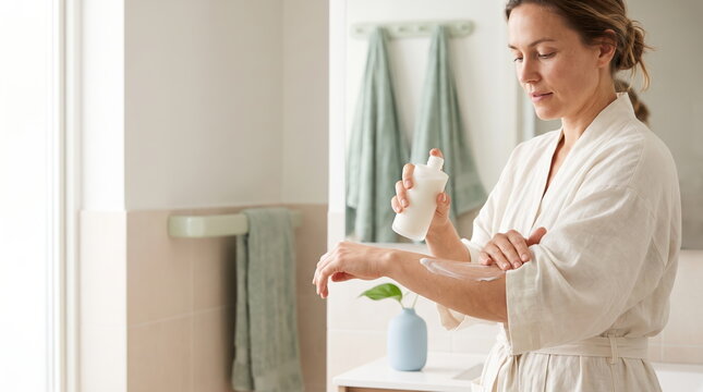 Woman applying body lotion for skincare and hydration