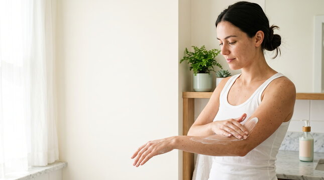 Woman applying moisturizing hand cream for skincare and hydration