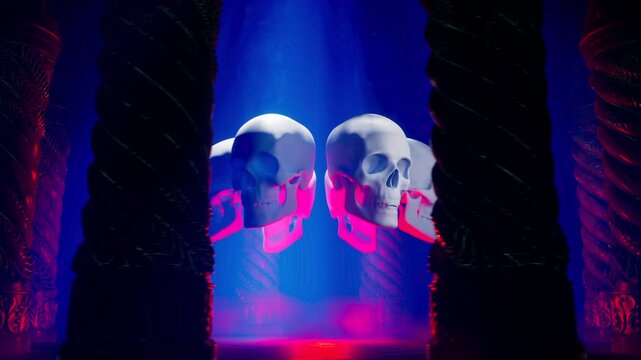 3D Render of Human Skulls Floating Between Ornate Gothic Pillars Under Blue Light