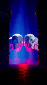 Dark Electric Blue Motion Background of Rotating Skulls Hovering Between Carved Columns