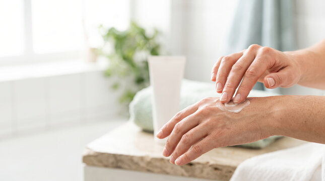 Woman applying moisturizing lotion while massaging her hands