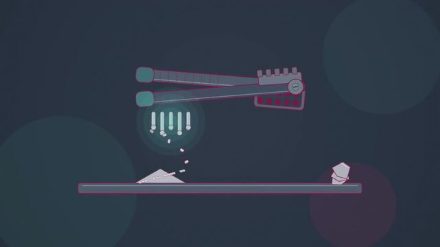 Abstract animated garlic press squeezing through its holes drawn as cyan and teal lines and shapes on a deep dark background. Seamless looping 4K motion graphics video with free space for text, ideal 